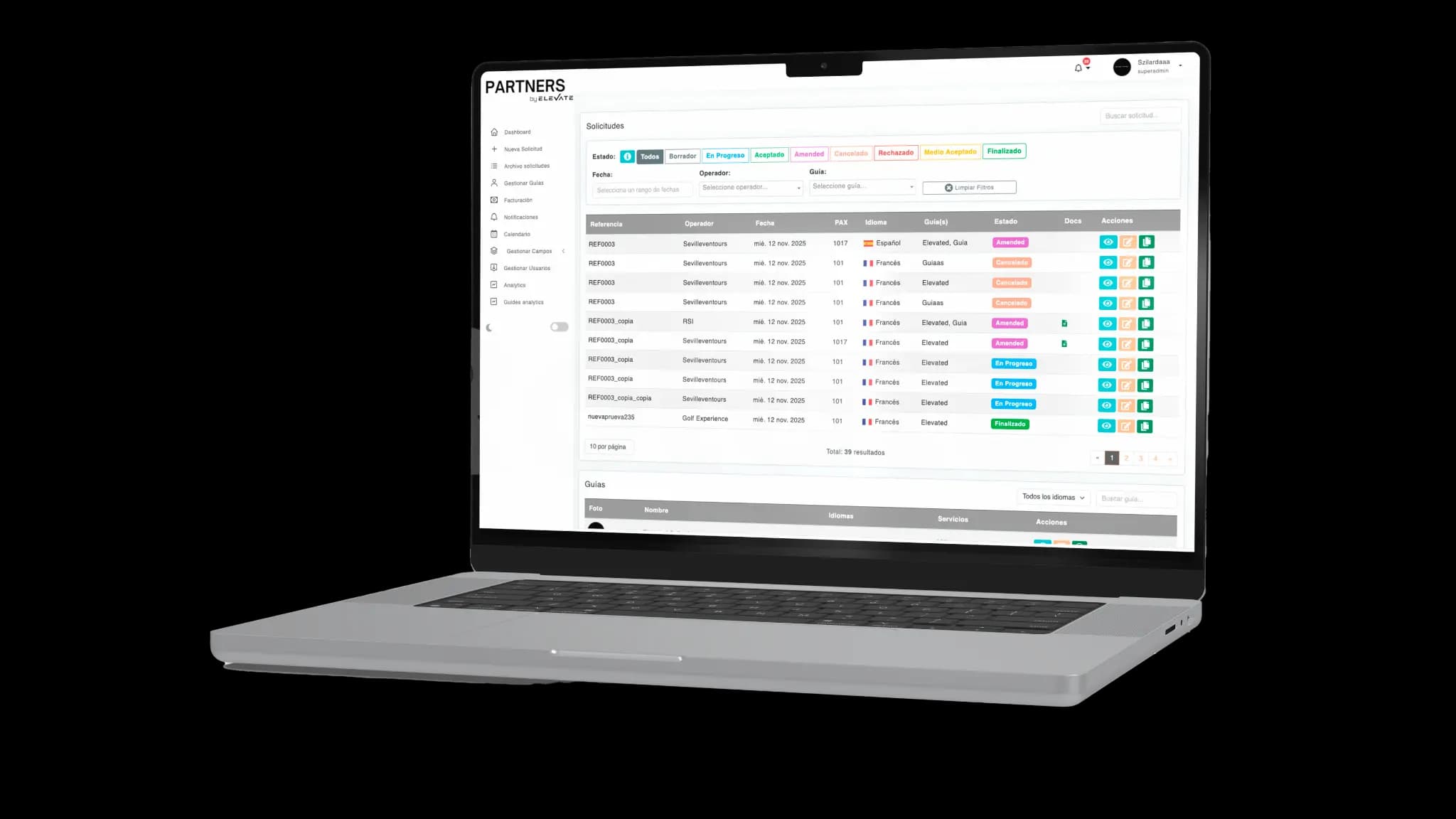 Listado de solicitudes de operadores con estados en el software para agencias receptivas Partners