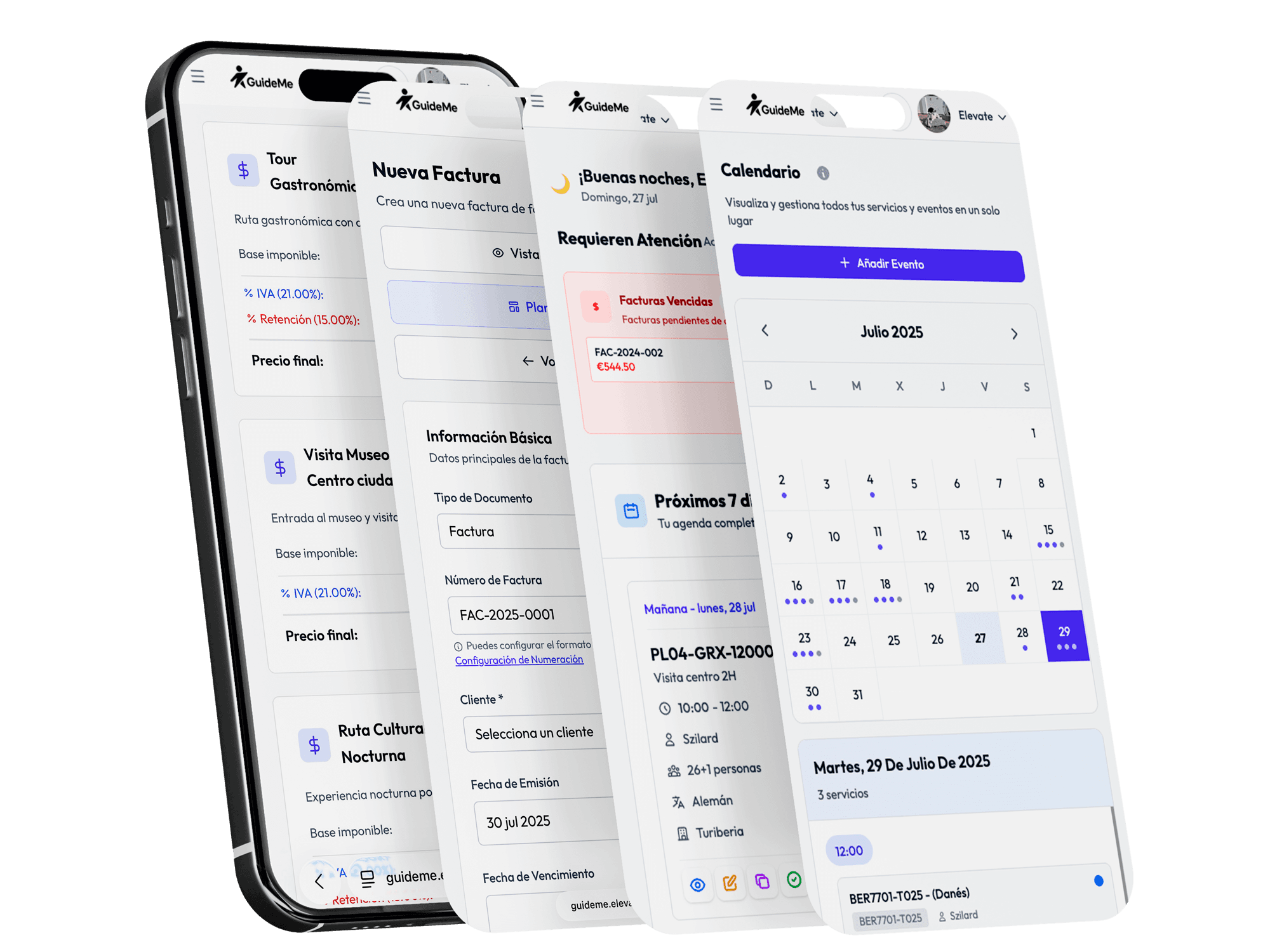 Portal móvil gratuito del guía turístico para aceptar servicios y facturar