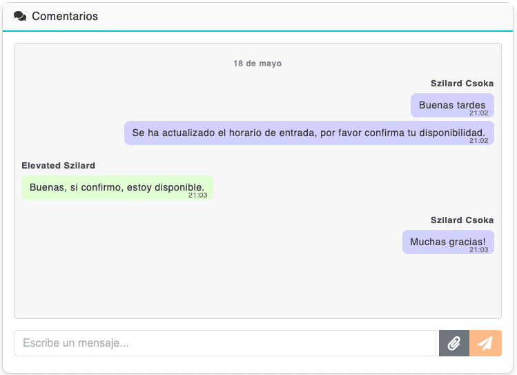 Chat por solicitud en Partners entre la agencia y el guía turístico