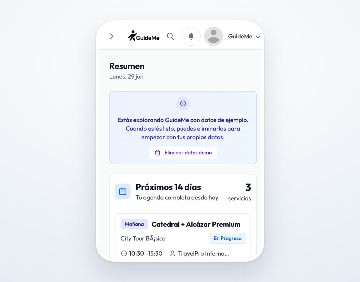 Dashboard real de GuideMe con servicios y facturación